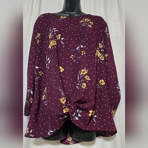 Pink Republic Womens Plum  Floral Blouse w Roll Tab Sleeves w/Tie Front Size XL